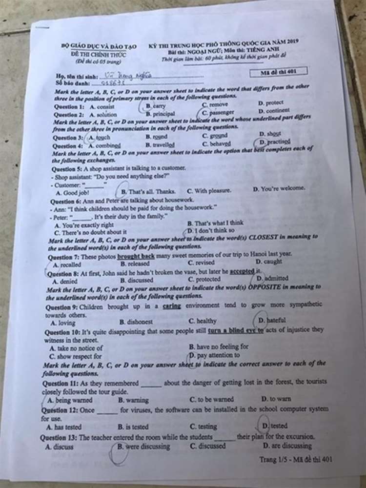 Đề thi tiếng anh thpt quốc gia 2019 mã 401