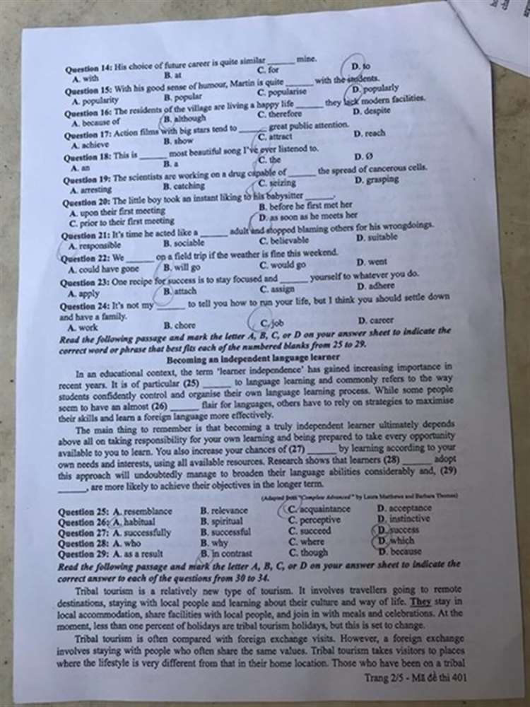 Đề thi tiếng anh thpt quốc gia 2019 mã 401