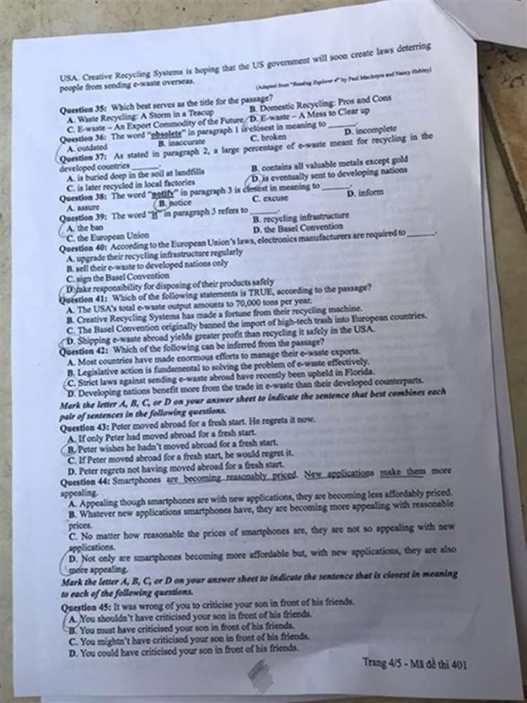 Đề thi tiếng anh thpt quốc gia 2019 mã 401