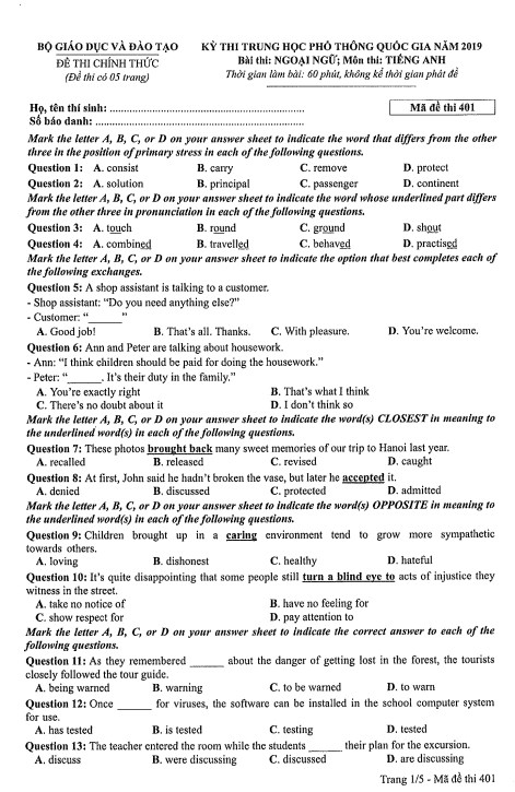 đề thi tiếng anh thpt quốc gia 2019 mã 401