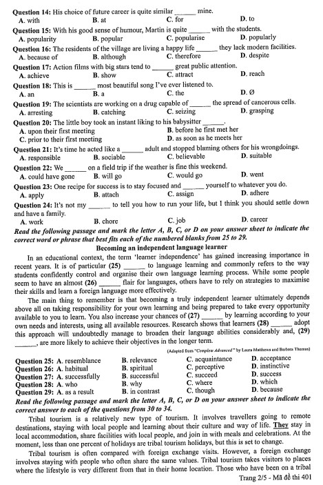 đề thi tiếng anh thpt quốc gia 2019 mã 401