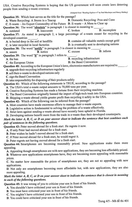 đề thi tiếng anh thpt quốc gia 2019 mã 401